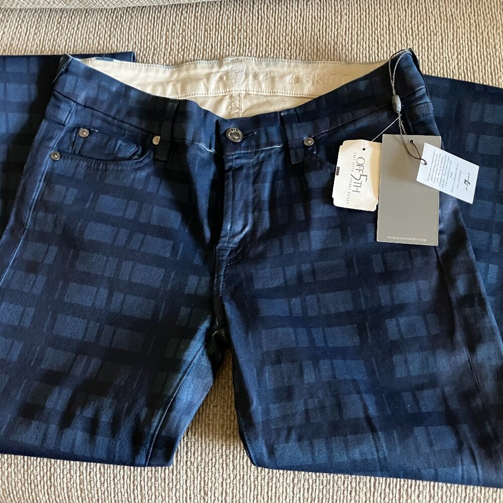 7 Seven for All Mankind Skinny Leggings Waxed Coated Jeans Blue Laser Plaid 28W